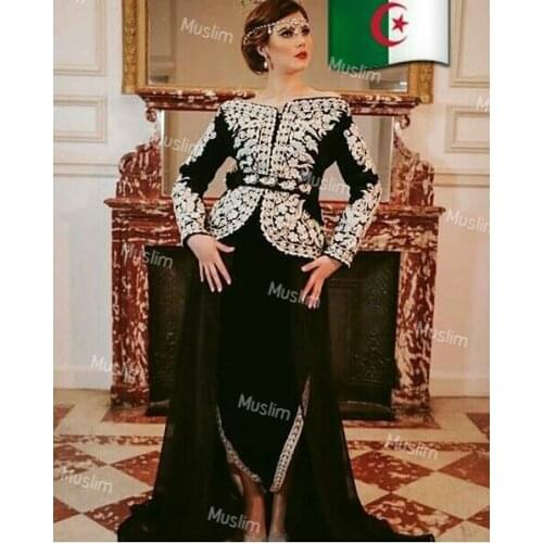 Elegant Black Karakou Algeria Evening Dresses 2021 With Overskirt Train Long Sleeve Prom Dress With Appliques Arabic Formal Gown