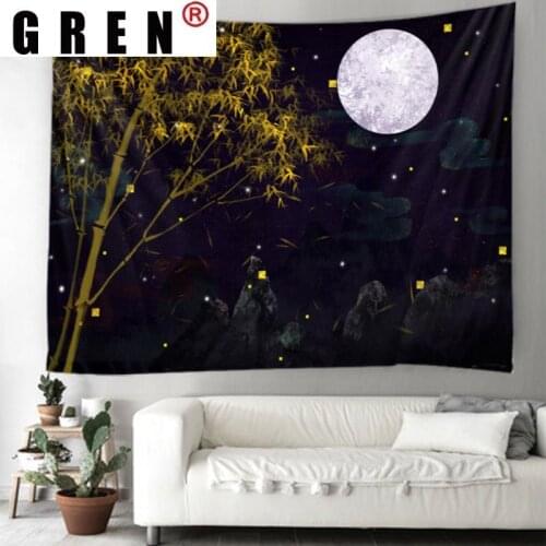 GREN Cartoon Moon Bamboo Landscape Tapestry Hanging Covering Rugs Background Cloth Beach Mat Blanket Art Living Home dorm Decor