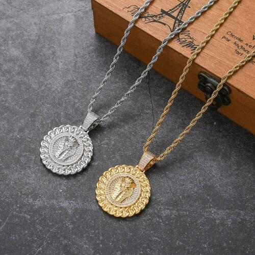 Hip Hop CZ Stone Paved Bling Ice Out Egyptian Pharaoh Tutankhamun Round Pendants Necklace for Men Rapper Jewelry Drop Shipping