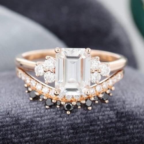 EDI Curved Black Diamond Ring 14k Rose Gold Emerald Cut Moissanites Engagement Ring Promise Wedding Bridal Set