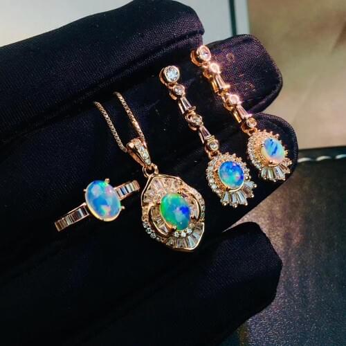 Natural opal gemstone necklace ring necklace and stud earrings jewelry set real 925 silver natural gem certificate birl gift