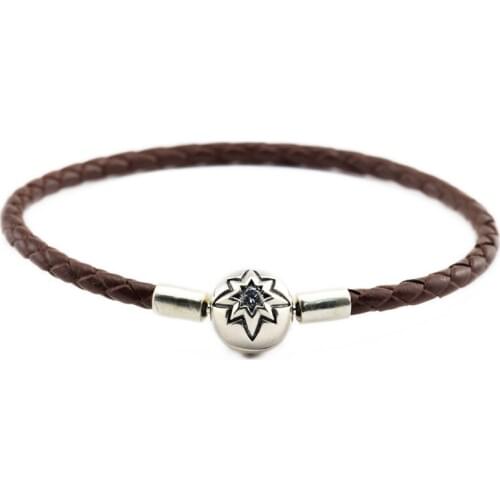 New Fashion Coffee Leather Bracelets Chain Authentic 925 Sterling Silver Clasp DIY Suitable For European Beads And Charms