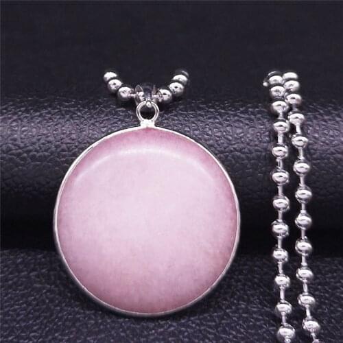 Round Stainless Steel Natural Stone Necklaces Women Pink Silver Color Big Long Necklace Jewelry acier inoxydable bijoux N4502S04