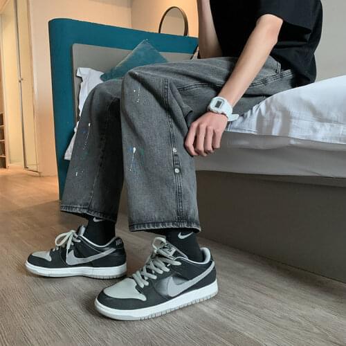 Summer Wide-leg Jeans Mens Fashion Retro Blue Black Splash Ink Jeans Men Streetwear Loose Hip-hop Straight Denim Trousers Mens