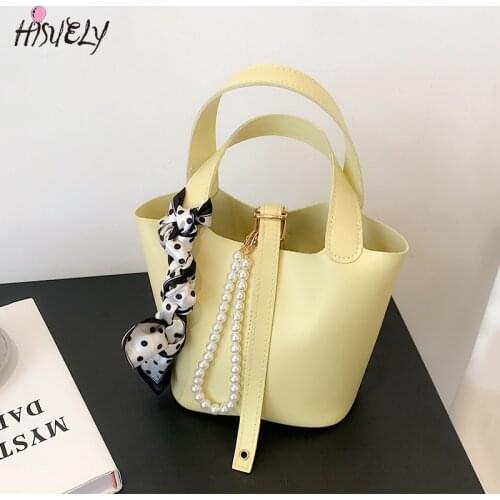 Small Luxury Designer Handbag Pearl Silk Scarf Women Bucket Bag PU Leather Shoulder Basket Bag Fashionable Versatile Bag Bolsos