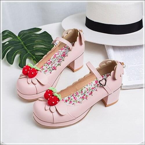 Princess Lolita Girls Mary Janes Shoes Women Sweet Party Dress Cosplay Wedding Pumps Chunky Med Heels Strawberry Plus Size 34-48
