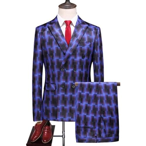 Plaid Men Suit Double Breasted Wedding 2021 Tuxedo Groom Formal Mens 2 Pieces Plus Size 6XL Blue Male Suits/ jump suit
