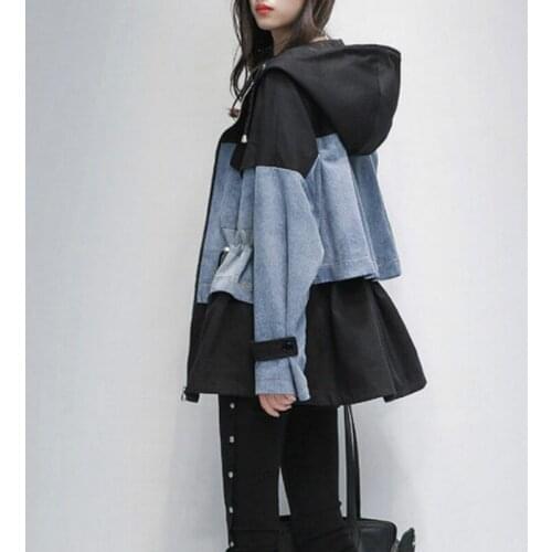 New 2020 Autumn Winter Womens Hooded Denim Jackets Sashes Lace Up Outerwear High Street Fashionable Blue Patchwork Long Jeans