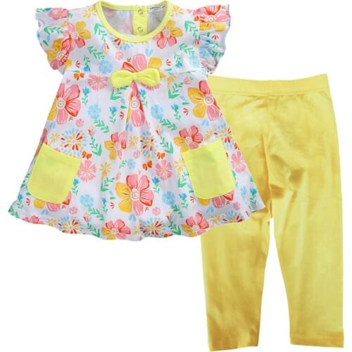 Floral Girls Dress Summer Blouses Pants Suits Childrens Clothes Set Jumpers Yellow Pants Pajamas Suit Kids Tee Shirts Tops
