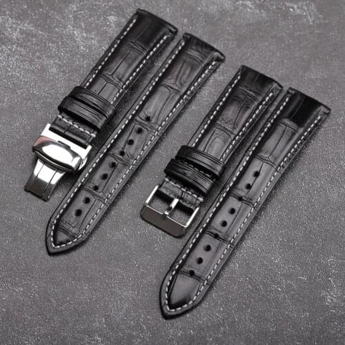 Black Crocodile Leather Watchband Bamboo Pattern 18 20 22MM Butterfly Buckle Leather Strap Handmade Mens Bracelet