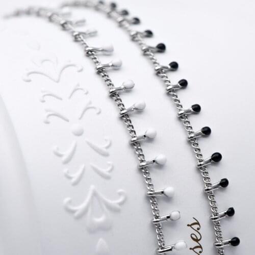 Rhodium Plated Brass Beaded Enamel Chain, Silver Designer Chain with Enamel Charms, For Necklaces Bracelets DIY Jewelry Making