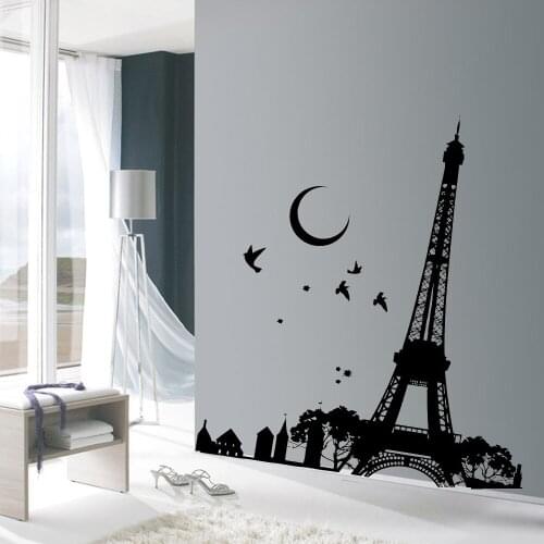 Romantic Paris France Tower Night Moon Birds Wall Decal Wallpaper Art Decor Mural Room Decals Vinyl Wall Stickers ph254