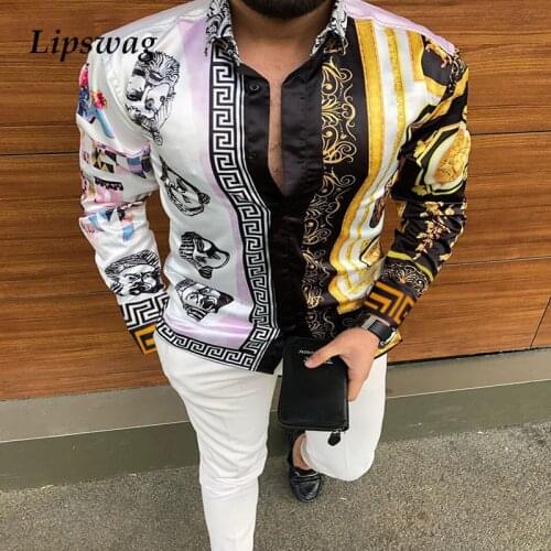 Autumn New Casual Mens Long Sleeve Shirts Vintage Pattern Printing Buttoned Turn-down Collar Shirt Men 2021 Fashion Streetwear