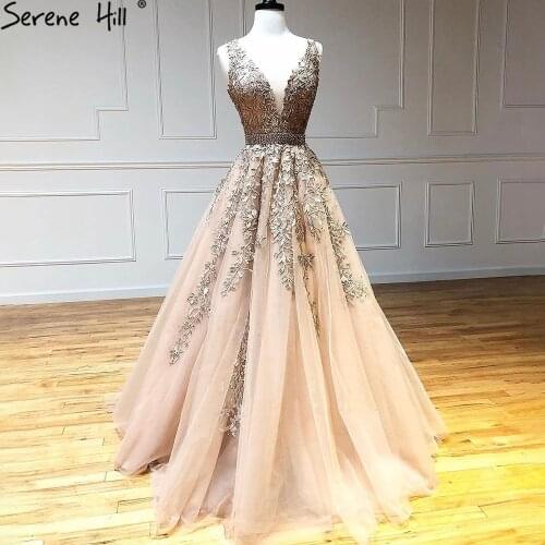 Serene Hill Gold A-Line Prom Dresses Long 2021 Lace Flower Sleeveless Sexy Graduation School Party Gown LA71220