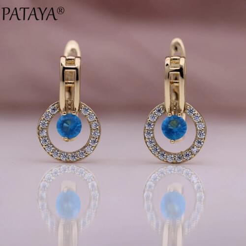 PATAYA New Sea Blue Round Natural Zircon Dangle Earrings Women Hollow Unique Earring 585 Rose Gold Romantic Fine Fashion Jewelry