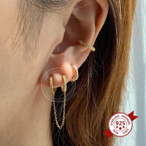 Real 925 Sterling Silver Tassel Hoop Earrings For Women Retro Double Round Zircon Piercing Earrings Brincos Cartilage Jewelry