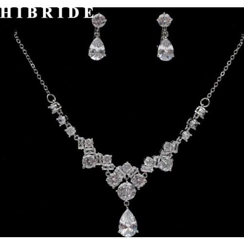 HIBRIDE Trendy Water Drop Cubic Zirconia Wedding Jewelry Sets Luxury Statement Necklace Earrings Set Dress Accessories N-246