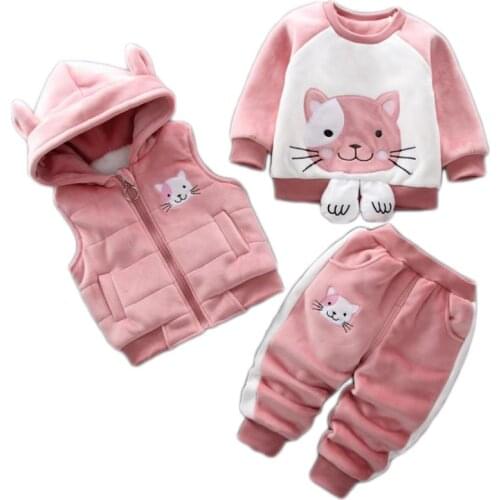 Baby Boys Girls Warm Set Winter Cartoon cat Kids Thickening Hooded Vest+Sweater+Pant Three-piece Sport Suits Children Clothing