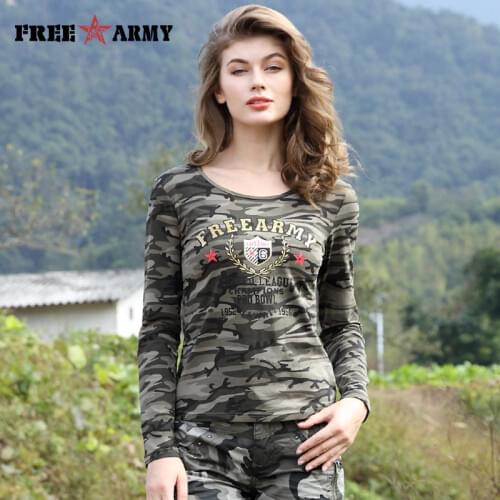Brand Women T-Shirt Long Sleeve Cotton+Spandex Camouflage Tshirts Tops Tees Military Camo T Shirt 2018 Casual T-Shirts Women