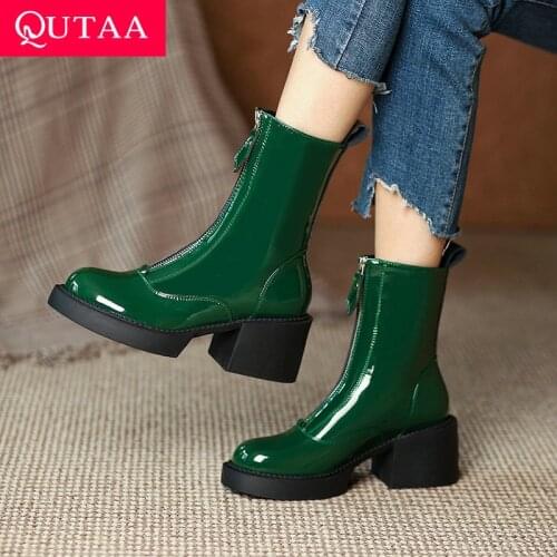 QUTAA 2022 Patent Leather Zipper Ankle Boots Square High Heel Women Shoes Round Toe Autumn Winter Chelsea Short Boots Size 34-40