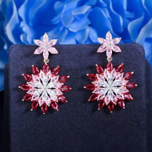 CWWZircon Geometric Multi Layer Marquise Cut Cubic Zirconia Pink Red Flower Drop Long Earrings for Women Wedding Prom CZ929