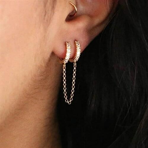 1pc Creative Two Holes Piercing Earrings For Women Brilliant Crystal Zircon 3 Colors Metal Chain Earring Party Jewelry Brincos