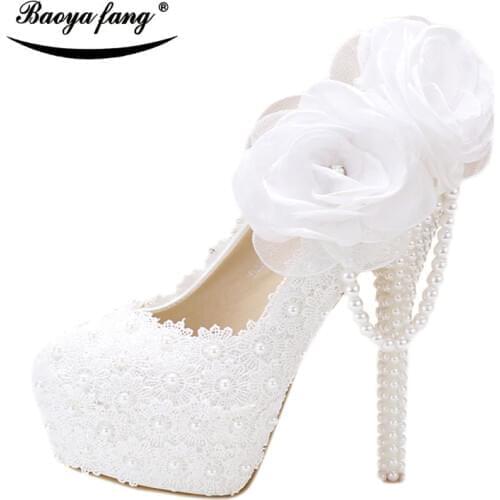 BaoYaFang white flower Women wedding shoes Bride Party dress shoes woman High heel platform shoes ladies handmade Lace shoe