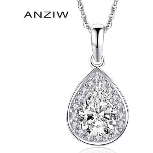 ANZIW 1.25 Carat Pear Cut Halo Pendant Necklace Simulated Diamond Engagement Wedding Sterling Silver Women Necklace Jewelry