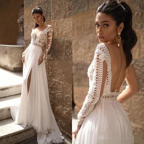 Boho Wedding Dresses Long Sleeves Lace Backless Chiffon Side Slit Sweep Train Beaded Beach Wedding Bridal Gowns vestido de novia