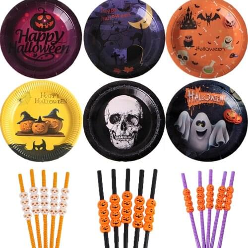 10pcs Ghost/Witch/Skull/Pumpkin Halloween Paper Plate Party Supplies Cake Topper Halloween Decoration Halloween Straws HY1