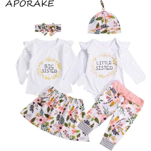 2021 0-6Y Sister Matching Kdis Baby Girl Clothing Letter Print Long Sleeve Romper/T-shirt+Floral Pants/Skirt+Hat/Headband 3pcs