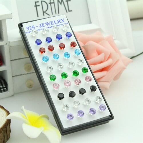 40ps/combo Free shipping jewelry Round the crystal that mix colour female silver earrings Women stud earrings Color earrings