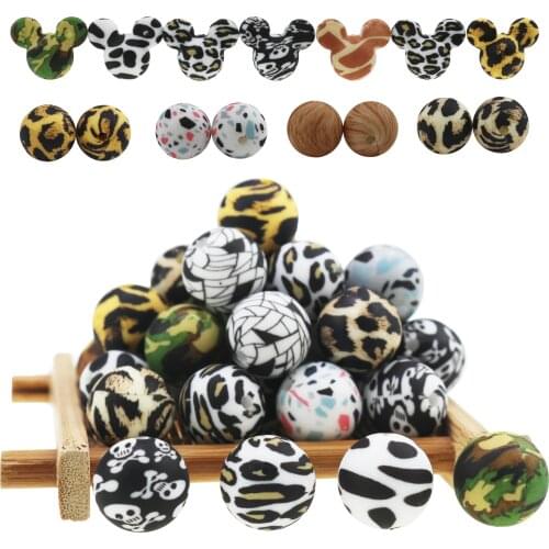 Silicone Beads 50Pcs Leopard Print 12/15/20mm Baby Teether Teething Bead Mickey Hexagon Jewelry BPA Free Pacifier Clip Making
