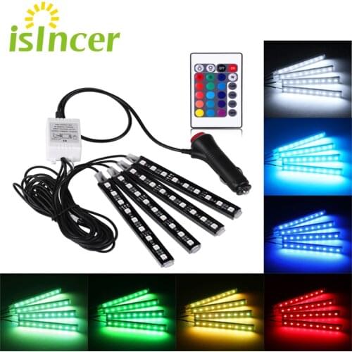 Car RGB LED Strip 4*9pcs SMD 5050 10W Car Interior Decorative Atmosphere Strip Auto RGB Pathway Floor Light Remote Control 12V