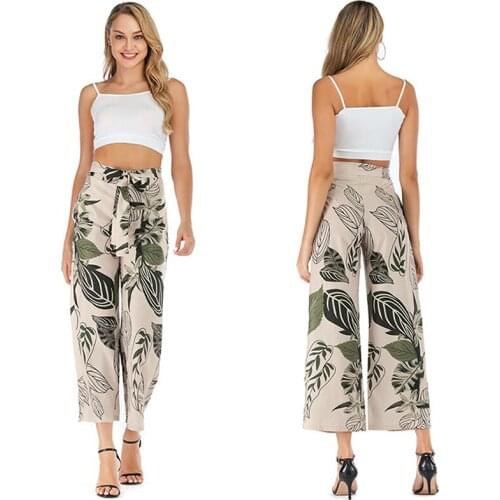 Womens Summer Casual Retro Print Bohemian Wide Leg Pants High Waist Wide Legs Beach Holiday Pants