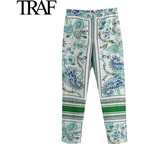 Traf Za Women Clothing 2021 Spring Autumn Vintage Wide Leg Elastic High Waist Pants Chic French Fashion Print Trousers