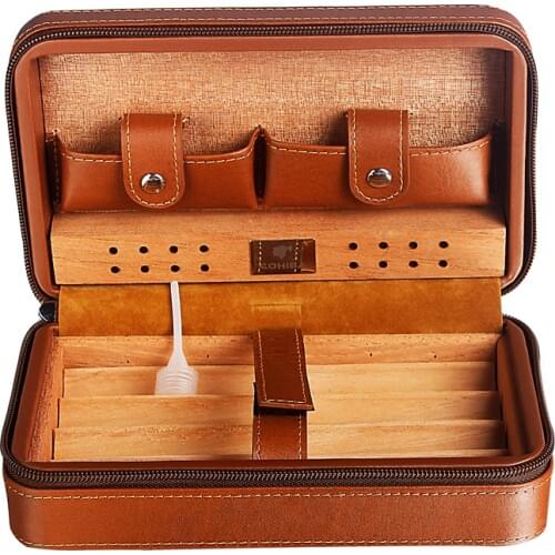LUXFO Cigar case for COHIBA Cigar Portable Spanish Cedar Wood Leather Travel Humidor with Humidifier