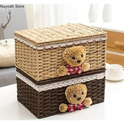 Home Straw Storage Basket Rattan Fabric Storage Box with Lid Decoration Desktop Cosmetic Storage Box Living Room Home Decoration