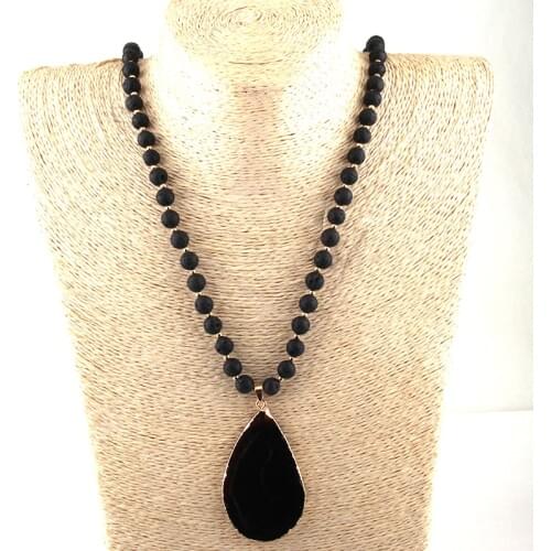 Drop Shipping 80cm Fashion Black Lava Stones Drop Pendant Necklaces For Ethnic Necklace
