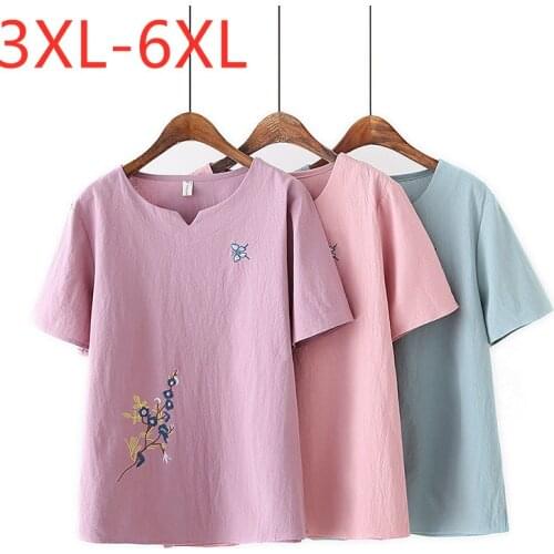 New 2021 Ladies Summer Plus Size Tops For Women Large Short Sleeve Loose Cotton Pink Floral Embroidery T-Shirt 3XL 4XL 5XL 6XL