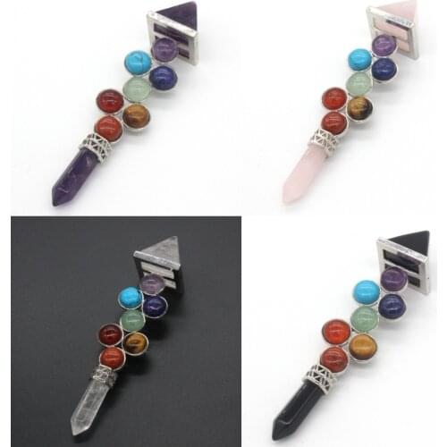 KFT Natural Healing Crystal Pendulums Pyramid Hexagon 7 Stone Beads Chakra Reiki Energy Scepter Pendulum Stone Pendant Jewelry