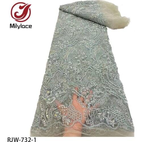 Classic Embroidery Sequins High Quality African Tulle Fabric Bead Tube Sequin Lace for Party Dress RJW-732
