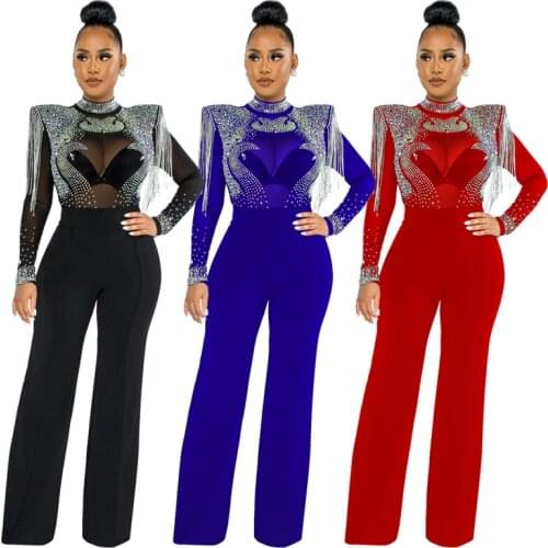 Sheer Mesh Patchwork Rhinestone Wide Leg Jumpsuit Women Night Club Birthday Outfits Tassel Luxury Sparkly Rompers Combinaisons