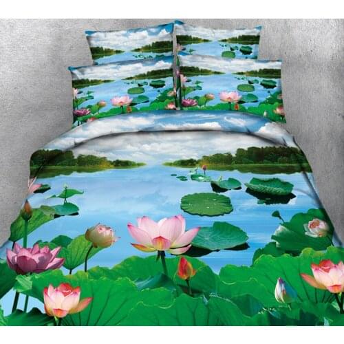 Green Lotus Pond 3D Bedding set California king Queen Full Twin double single Bed Sheet Linen Bed set Quilt Cover set Pillows