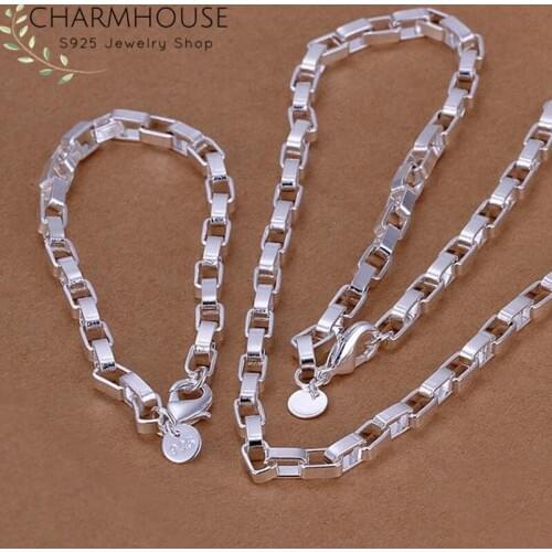 Charmhouse Pure Silver Jewelry Sets For Man 4mm Long Box Chain Necklace Bracelet 2pcs Jewellery Set Collier Pulseira Homme Gifts