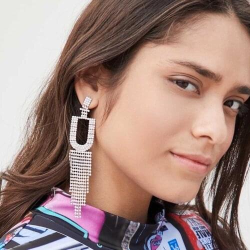 Fashion New womens Tassel Zircon Rhinestone Letter U Hanging Claw Chain Earrings Tassel Long Temperament Popular Earrings