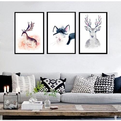 Cartoon Watercolor Animal Print Canvas Painting Cute Elk Meow Puppies Rabbit Poster Home Decor Children Room Wall Art Pictures