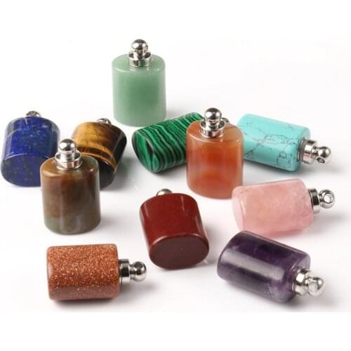 Natural Stone Perfume Bottle Necklace Pendant Essential Oil Diffuser Flat Cylinder Shape Agates Charms Pendants Diy Jewellery