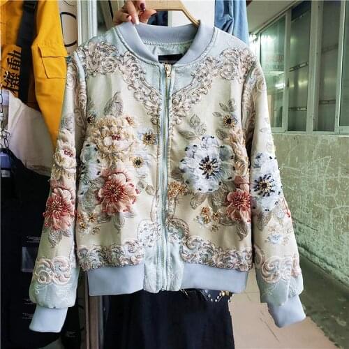 Autumn Jacket Women New Retro Jacquard Heavy Embroidered Beaded Baseball Coat Female Bomber Jackets Female Outwears