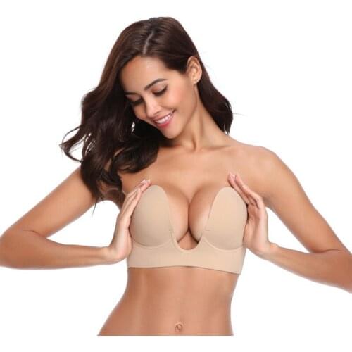 Push Up Invisible Bra Sexy Deep U Silicone Bra Gel Self Sticky One Piece Women Underwear Wire Free Strapless Backless Bralette
